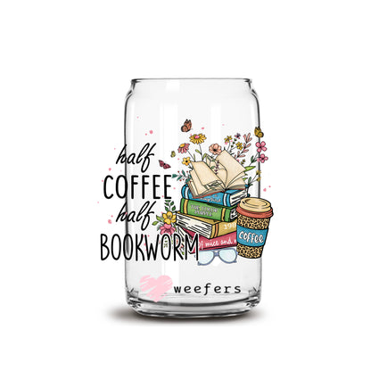 Half Coffee Half Bookworm 16oz Libbey Glass Can UV DTF or Sublimation Cup Wrap - Decal Transfer Weefers