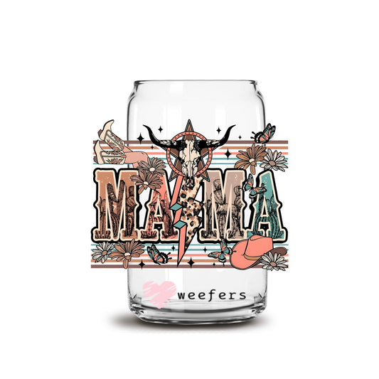 Mama Aztec Neutrals Cow Skull 16oz Libbey Glass Can UV DTF or Sublimation Cup Wrap - Decal Transfer - Weefers