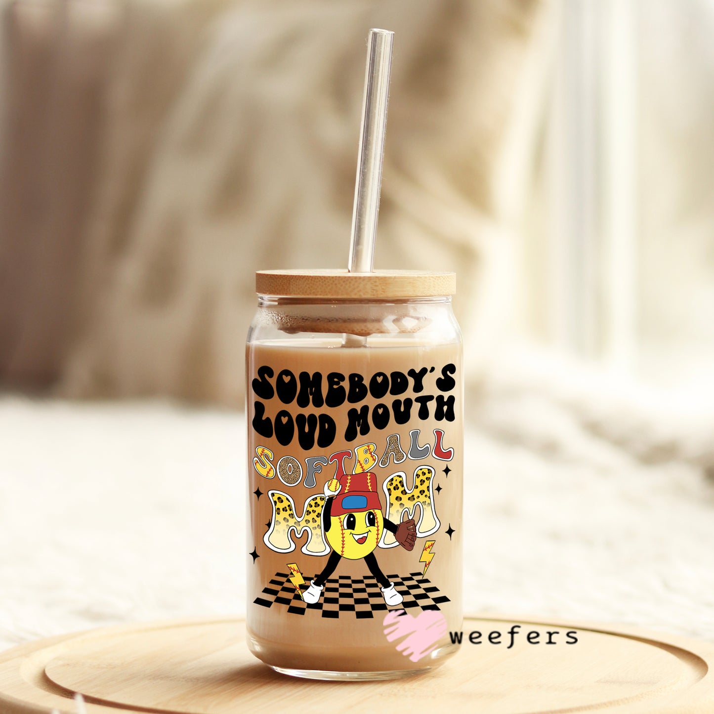 Somebody's Loud Mouth Softball Mom Retro 16oz Libbey Glass Can UV DTF or Sublimation Wrap - Decal - Weefers