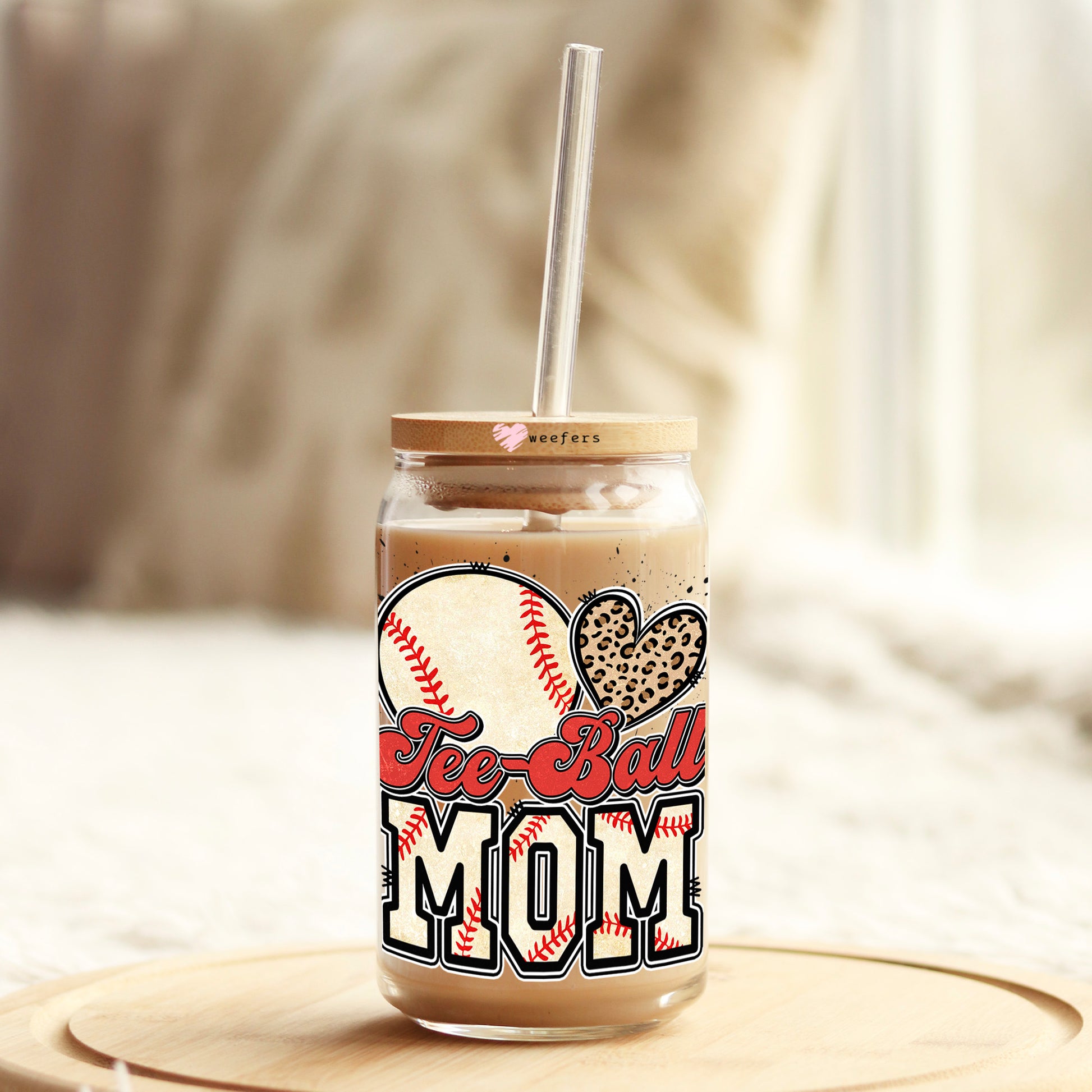 Tee Ball Mom Baseball 16oz Libbey Glass Can UV DTF or Sublimation Cup Wrap - Decal Transfer - Weefers