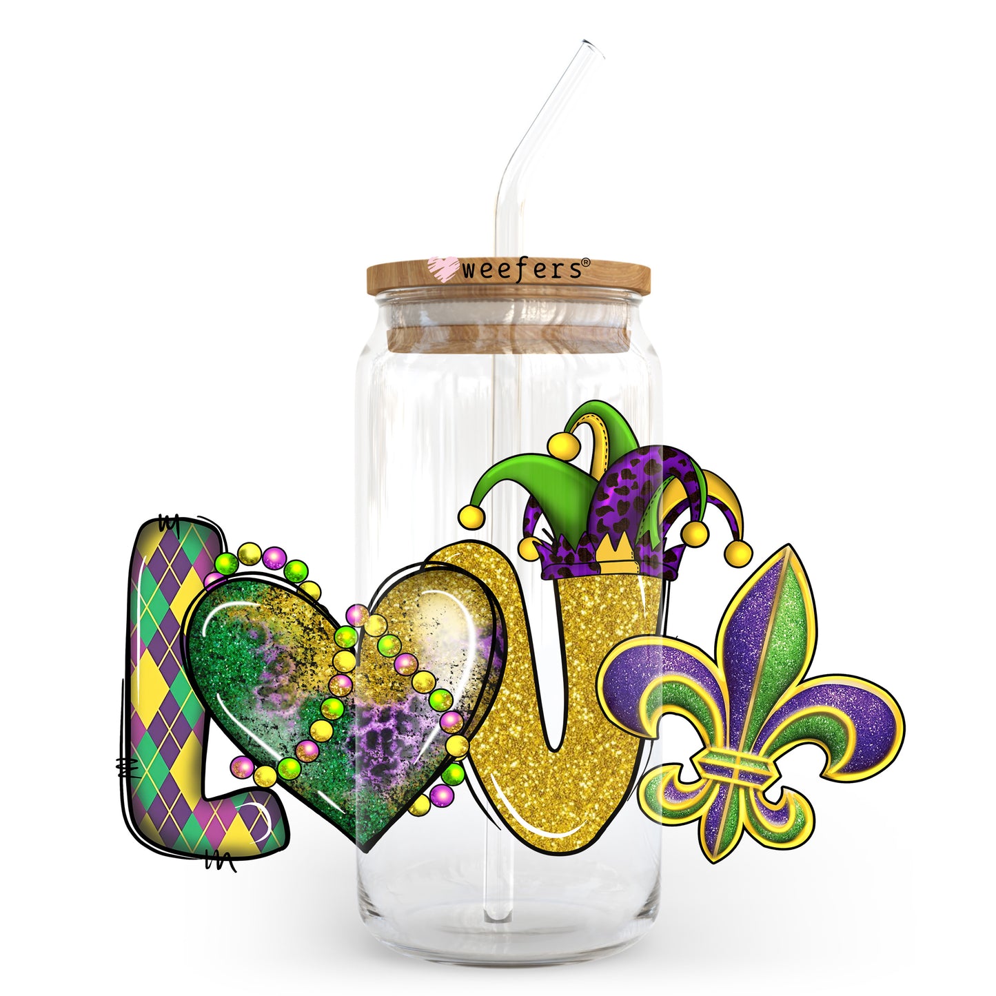 Love Mardi Gras 20oz Libbey Glass Can UV DTF or Sublimation Wrap - Decal Transfer - Weefers