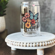 Load image into Gallery viewer, a glass jar with a picture of a butterfly and flowers on it

