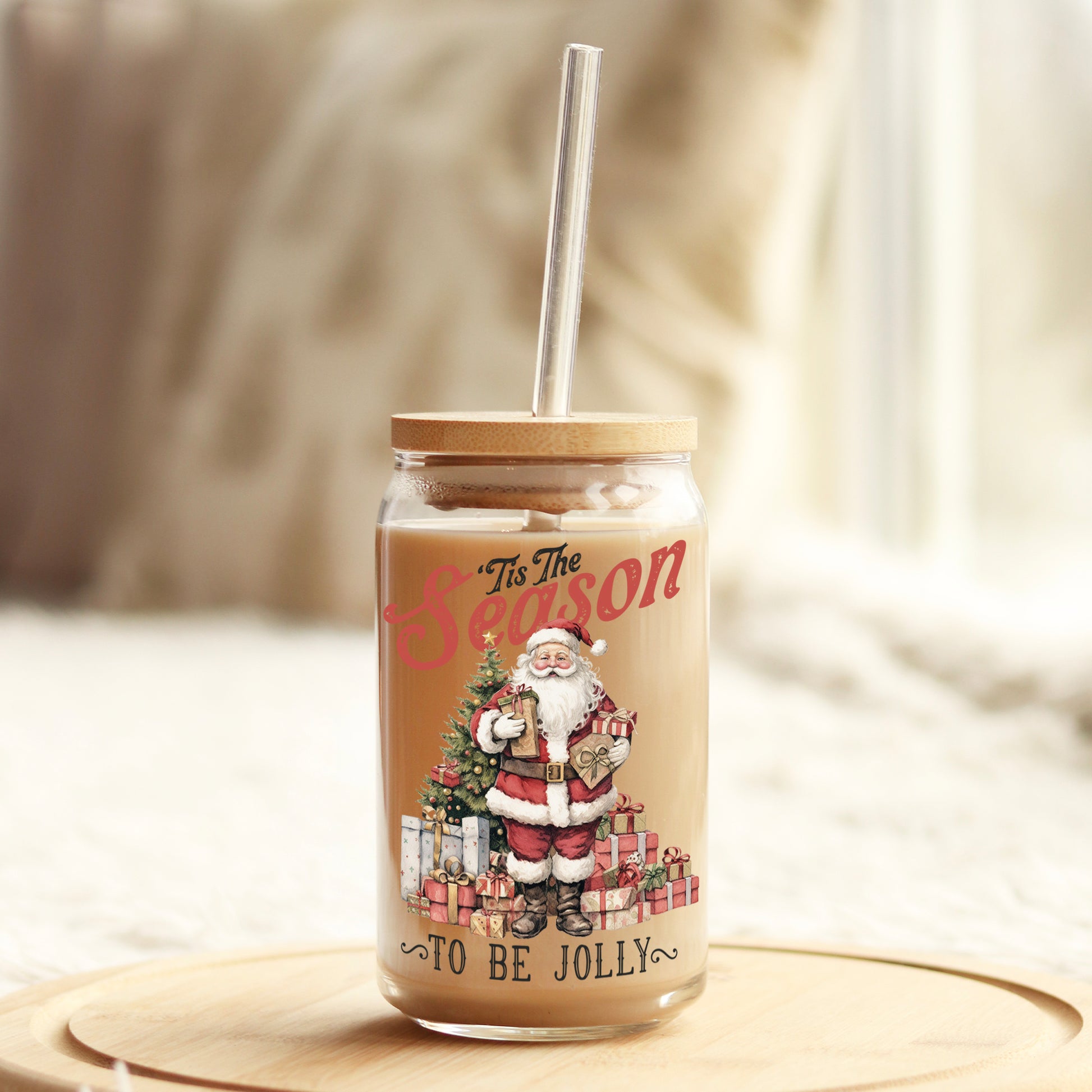 Tis the Season to Be Jolly Vintage Christmas 16oz Libbey Glass Can UV DTF or Sublimation Wrap - Decal - Weefers