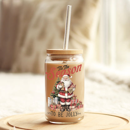 Tis the Season to Be Jolly Vintage Christmas 16oz Libbey Glass Can UV DTF or Sublimation Wrap - Decal - Weefers