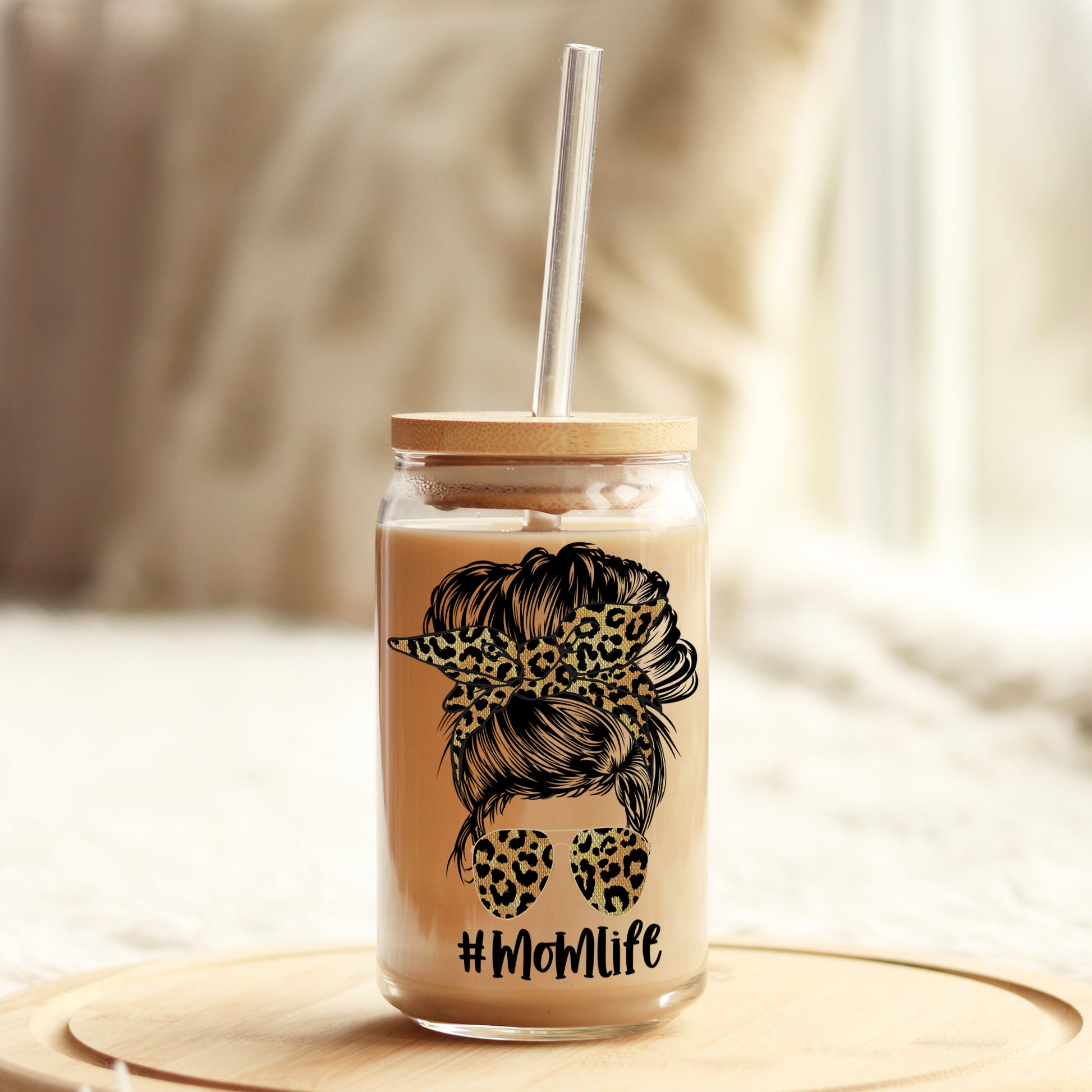 Messy Bun Mom Life Leopard 16oz Libbey Glass Can UV DTF or Sublimation Wrap - Decal - Weefers