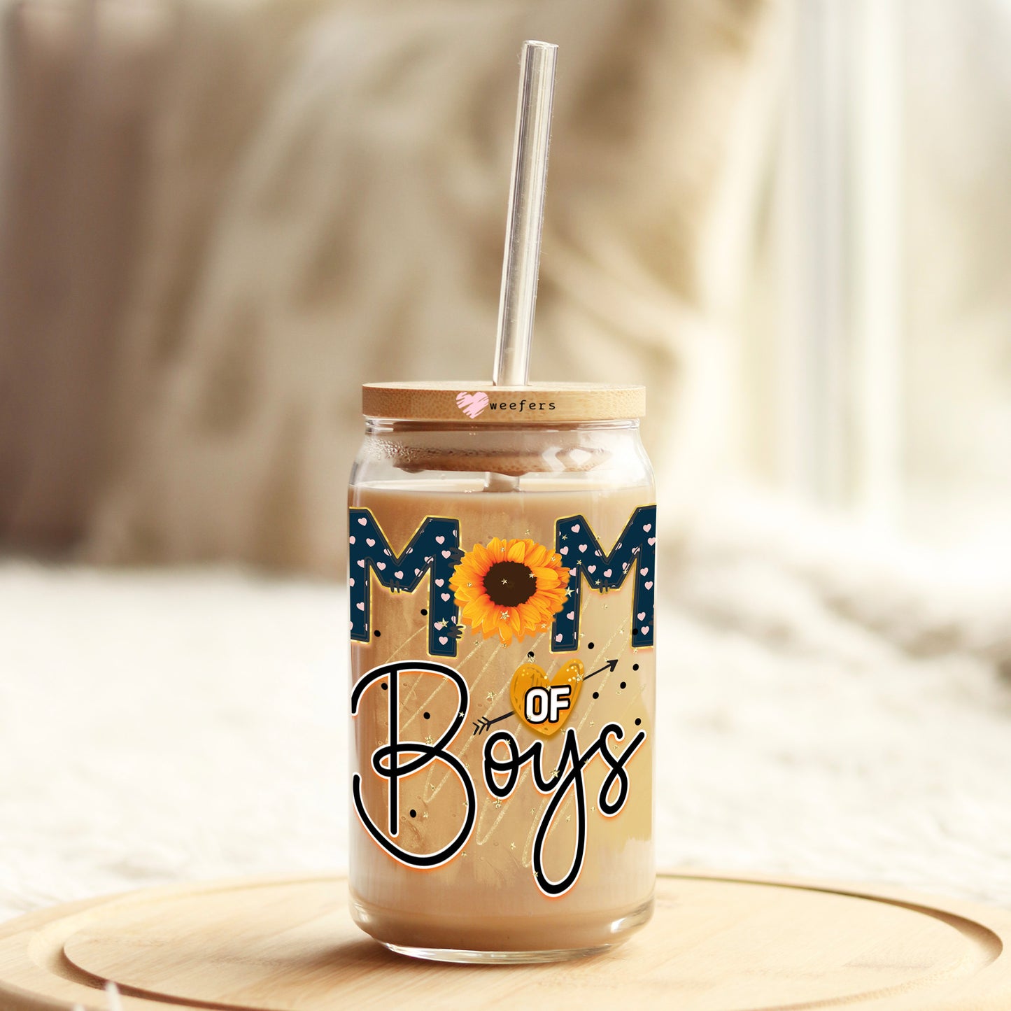 Mom of Boys Blue Sunflower 16oz Libbey Glass Can UV DTF or Sublimation Wrap - Decal - Weefers