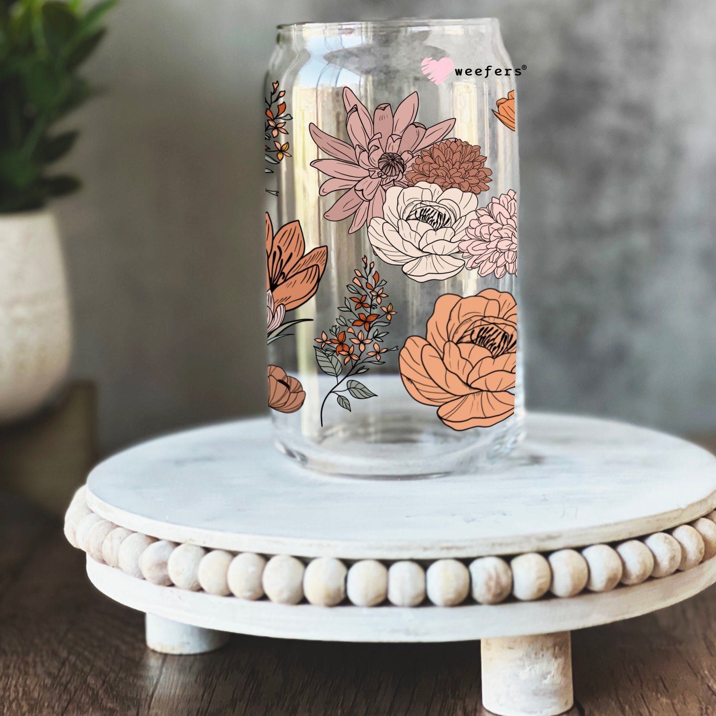 Retro Neutral Florals 16oz Libbey Glass Can UV DTF or Sublimation Wrap - Decal - Weefers