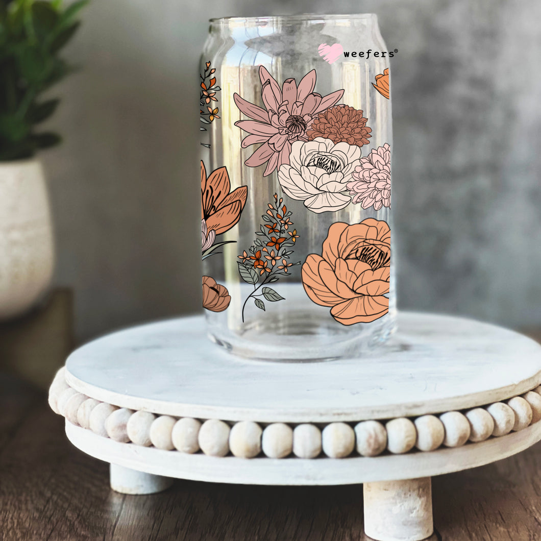 Retro Neutral Florals 16oz Libbey Glass Can UV-DTF or Sublimation Wrap - Decal