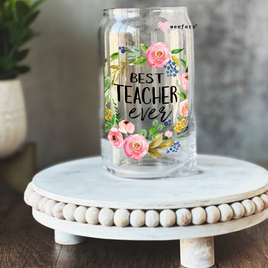 Best Teacher Ever Pink Wreath 16oz Libbey Glass Can UV DTF or Sublimation Cup Wrap - Decal Transfer Weefers