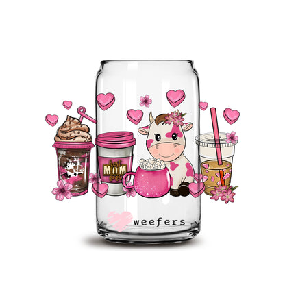 Pink Mom Cutie Cow Latte 16oz Libbey Glass Can UV DTF or Sublimation Wrap - Decal - Weefers