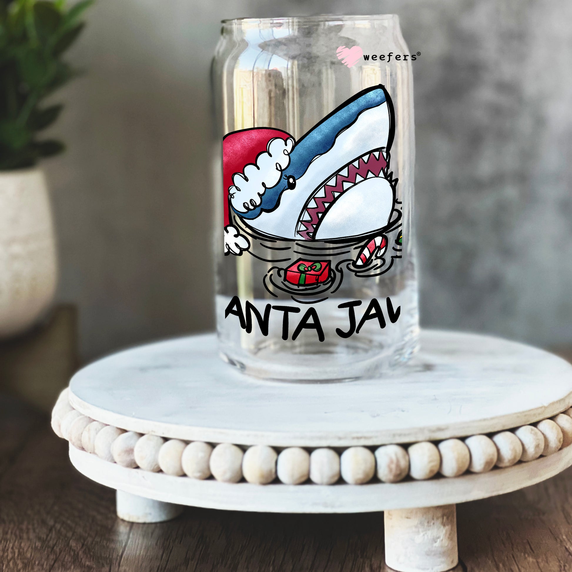 Santa Jaws Christmas 16oz Libbey Glass Can UV DTF or Sublimation Cup Wrap - Decal Transfer - Weefers