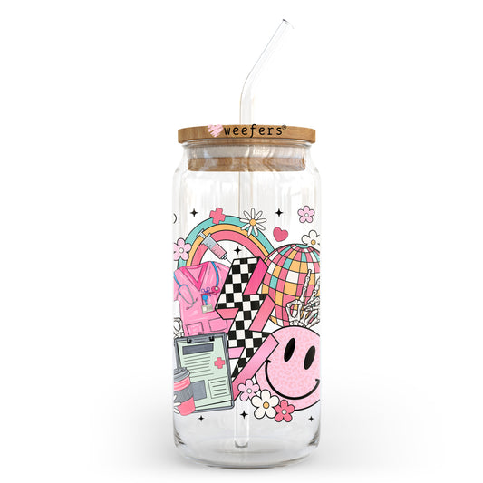 Pink Nurse Disco Ball 20oz Libbey Glass Can UV DTF or Sublimation Wrap - Decal Transfer Weefers