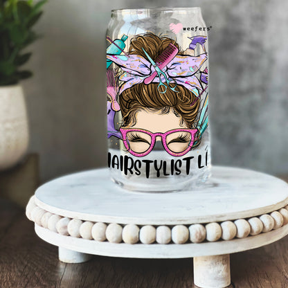 Hair Stylist Life Messy Bun 16oz Libbey Glass Can UV DTF or Sublimation Wrap - Decal - Weefers