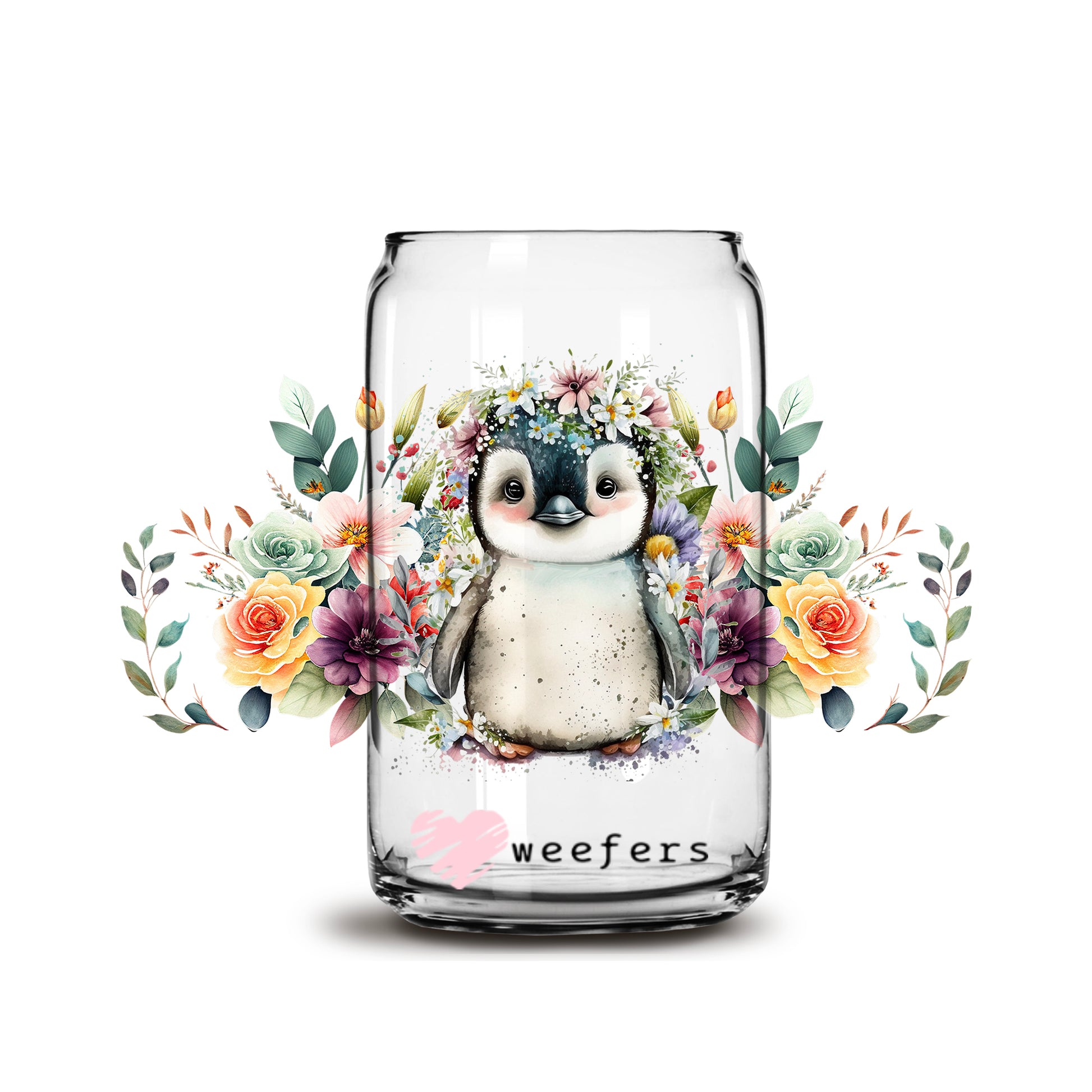 Floral Penguin  16oz Libbey Glass Can UV DTF or Sublimation Cup Wrap - Decal Transfer - Weefers