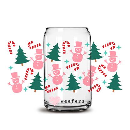 Pink Snowman Christmas 16oz Libbey Glass Can UV DTF or Sublimation Wrap - Decal - Weefers