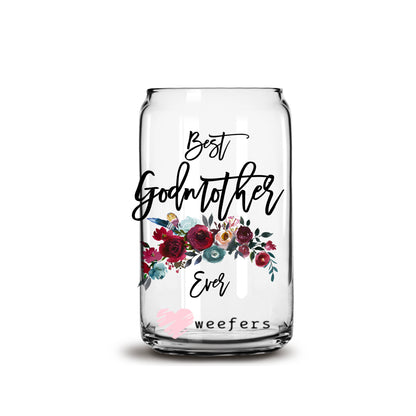 Best Godmother Ever Burgundy Floral 16oz Libbey Glass Can UV DTF or Sublimation Wrap - Decal - Weefers