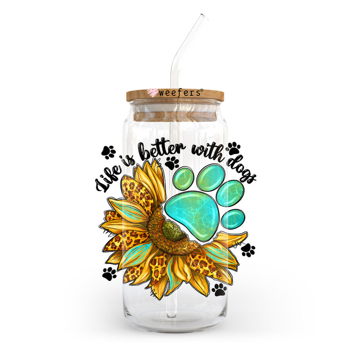 a glass jar with a sunflower and paw prints on it