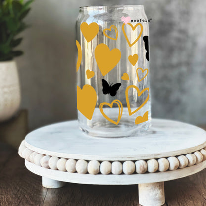 Gold Hearts and Black Butterflies 16oz Libbey Glass Can UV DTF or Sublimation Wrap - Decal - Weefers