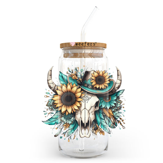 Sunflower Teal Cow Skull 20oz Libbey Glass Can UV DTF or Sublimation Wrap - Decal Transfer - Weefers