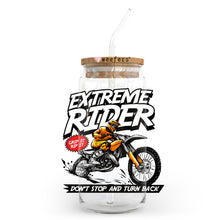 Load image into Gallery viewer, a jar with a straw in it that says extreme rider don&#39;t stop and
