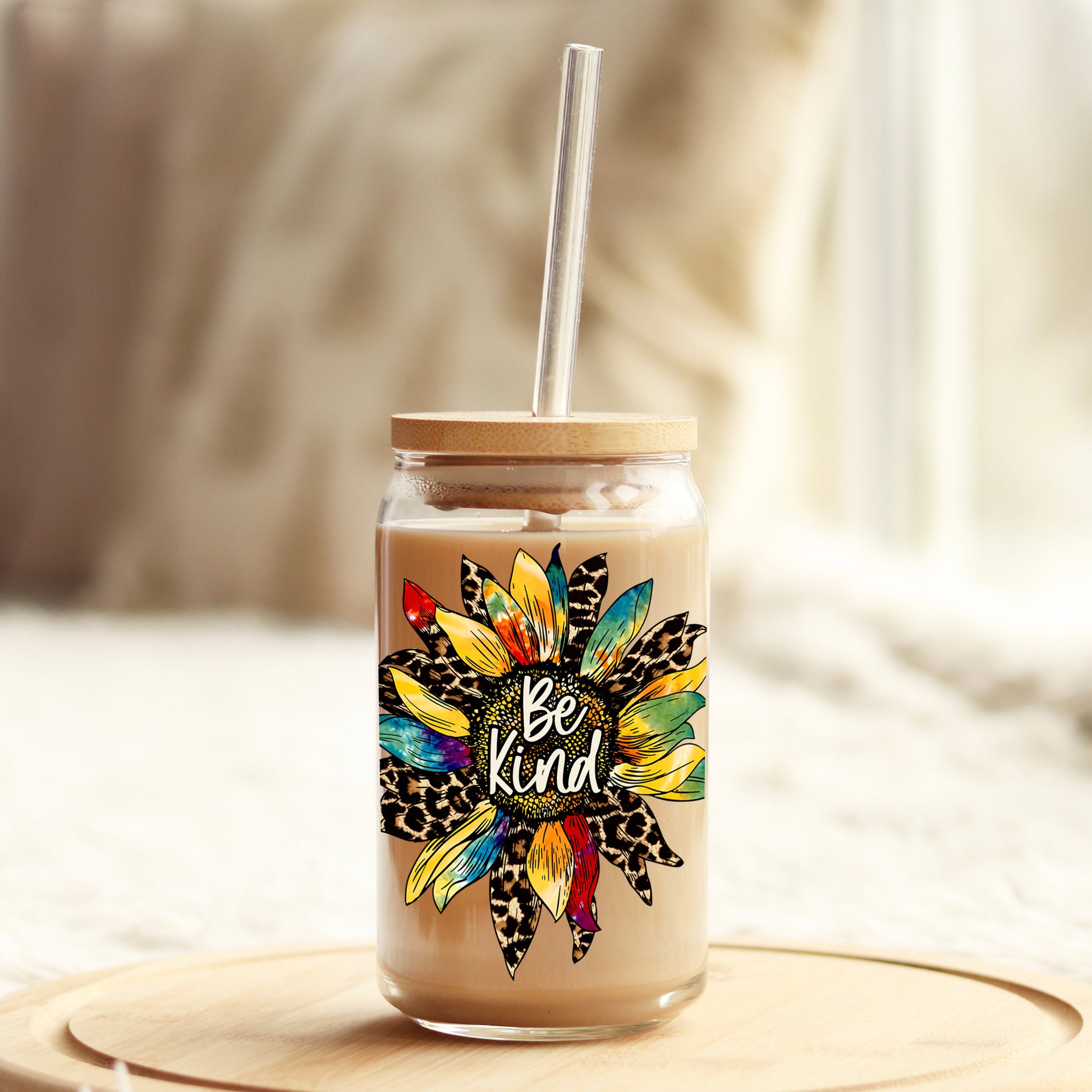 Be Kind Sunflower 16oz Libbey Glass Can UV DTF or Sublimation Cup Wrap - Decal Transfer - Weefers