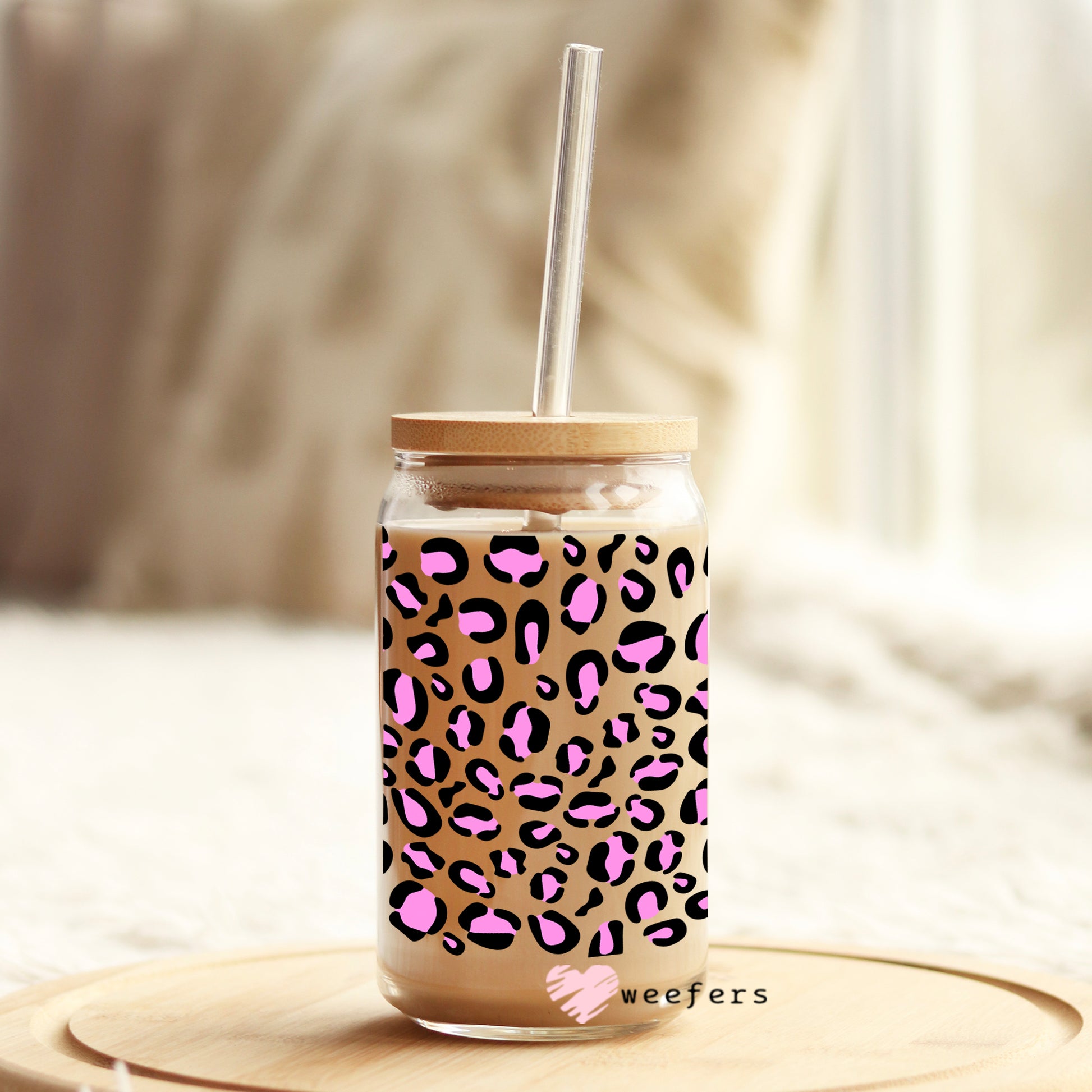 Pink and Black Leopard Print 16oz Libbey Glass Can UV DTF or Sublimation Wrap - Decal - Weefers