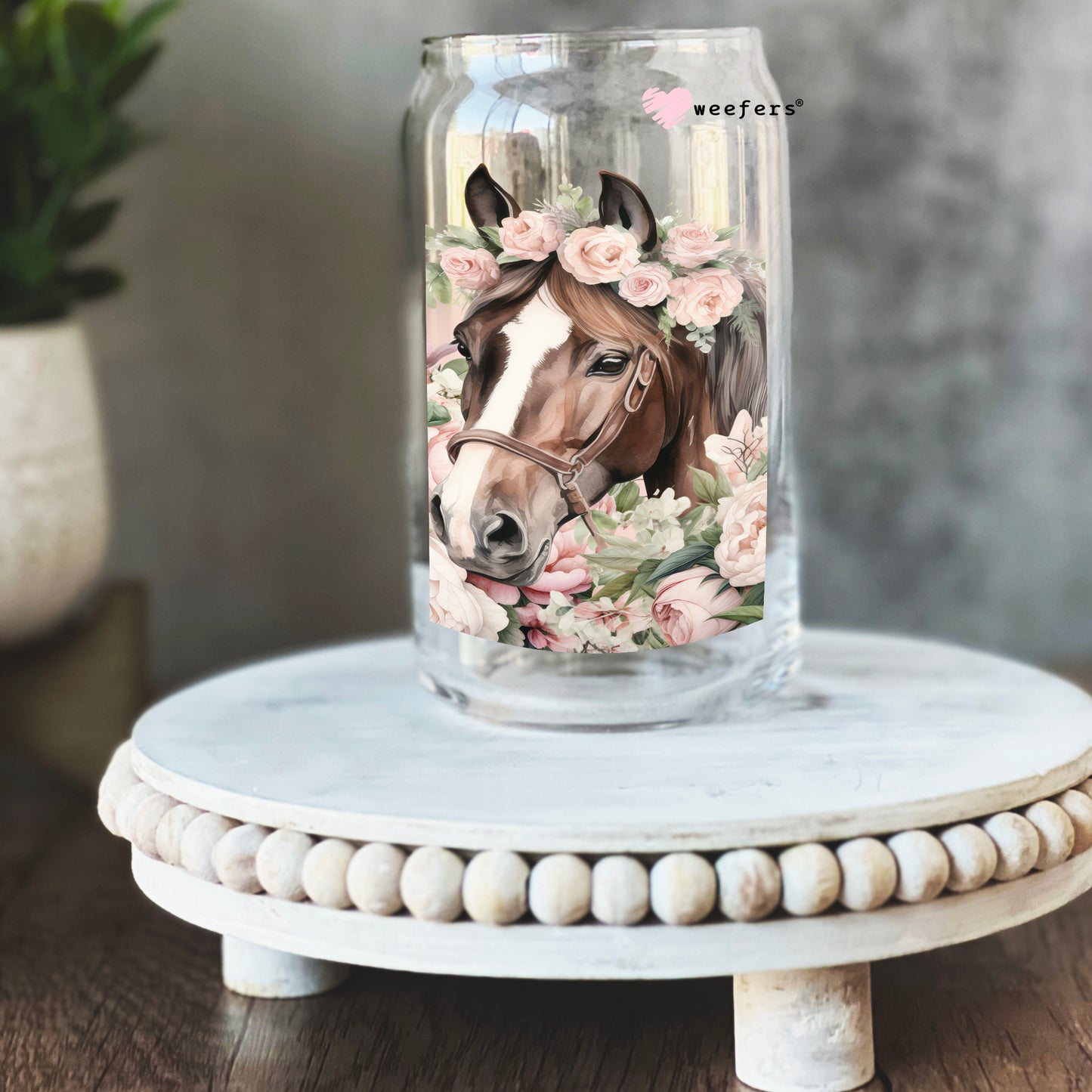 Floral Horse Lover 16oz Libbey Glass Can UV DTF or Sublimation Cup Wrap - Decal Transfer - Weefers