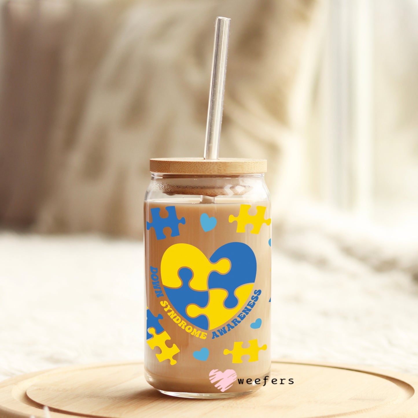 Down Syndrome Puzzle Pieces 16oz Libbey Glass Can UV DTF or Sublimation Wrap - Decal - Weefers