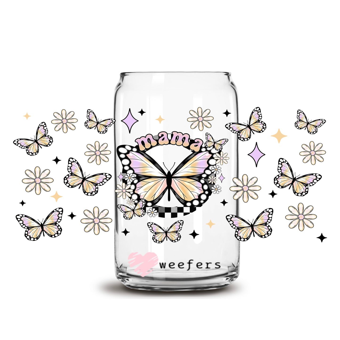 Mama Butterfly 16oz Libbey Glass Can UV DTF or Sublimation Cup Wrap - Decal Transfer - Weefers