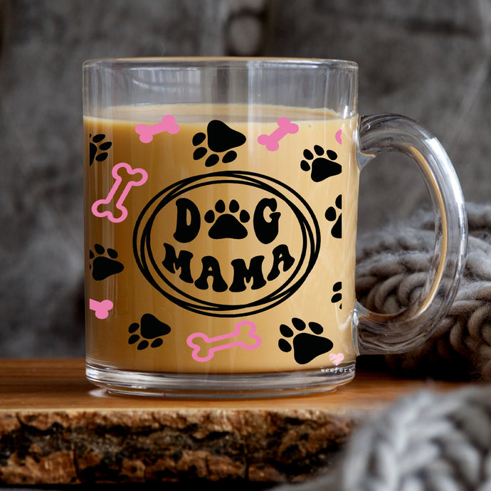 a glass mug with a dog mama design on it