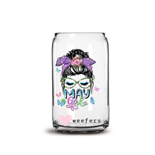 Load image into Gallery viewer, Messy Bun May Girl Birthday Month 16oz Libbey Glass Can UV-DTF or Sublimation Wrap - Decal
