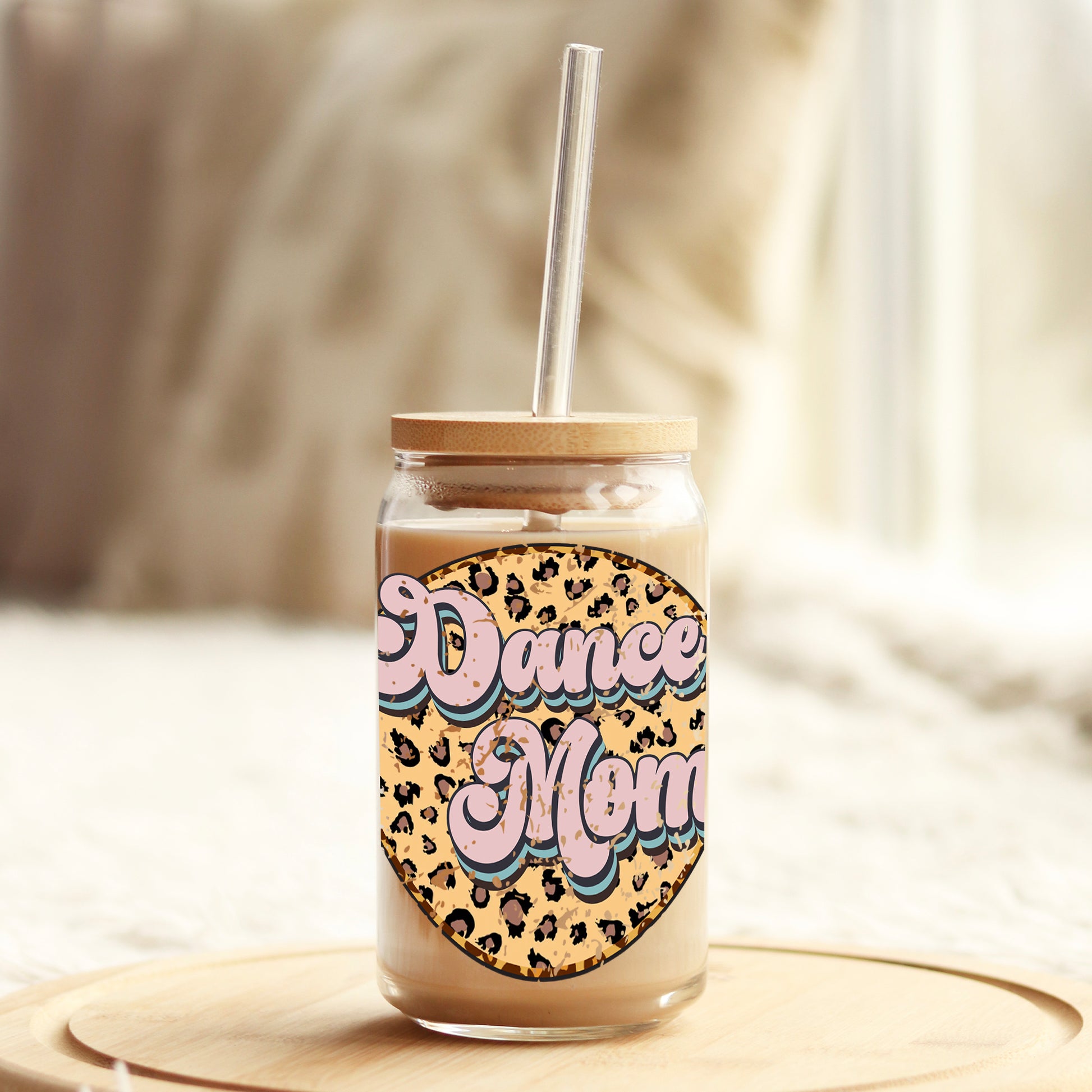 Retro Dance Mom Beige Leopard 16oz Libbey Glass Can UV DTF or Sublimation Cup Wrap - Decal Transfer - Weefers