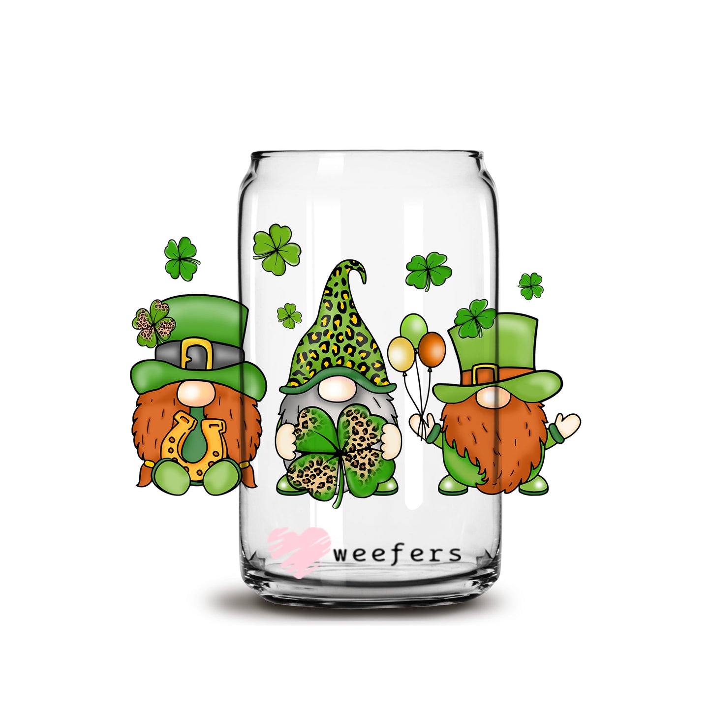 St Patrick's Day Lucky Gnomes 16oz Libbey Glass Can UV DTF or Sublimation Cup Wrap - Decal Transfer - Weefers