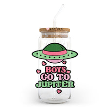 Load image into Gallery viewer, a glass jar with a straw in it that says boys go to jupiter
