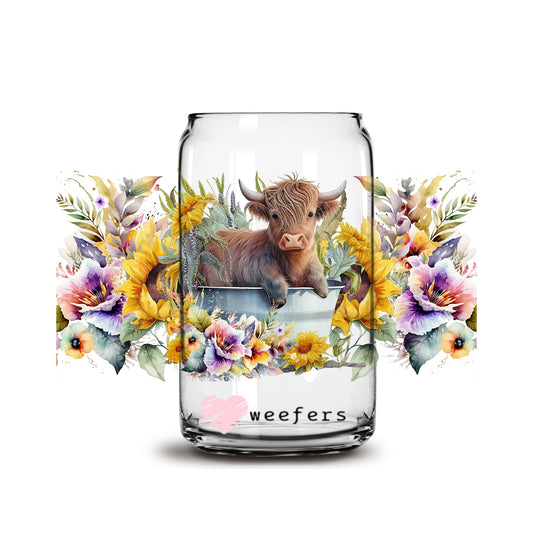 Sunflower Highland baby Cow 16oz Libbey Glass Can UV DTF or Sublimation Cup Wrap - Decal Transfer - Weefers