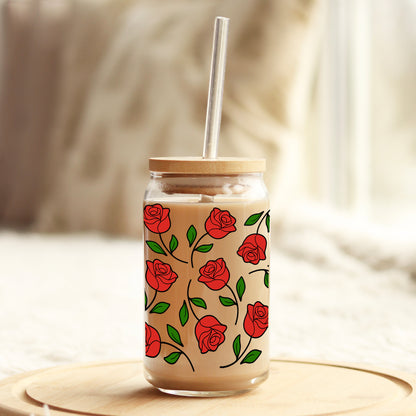 Red Roses  16oz Libbey Glass Can UV DTF or Sublimation Cup Wrap - Decal Transfer - Weefers