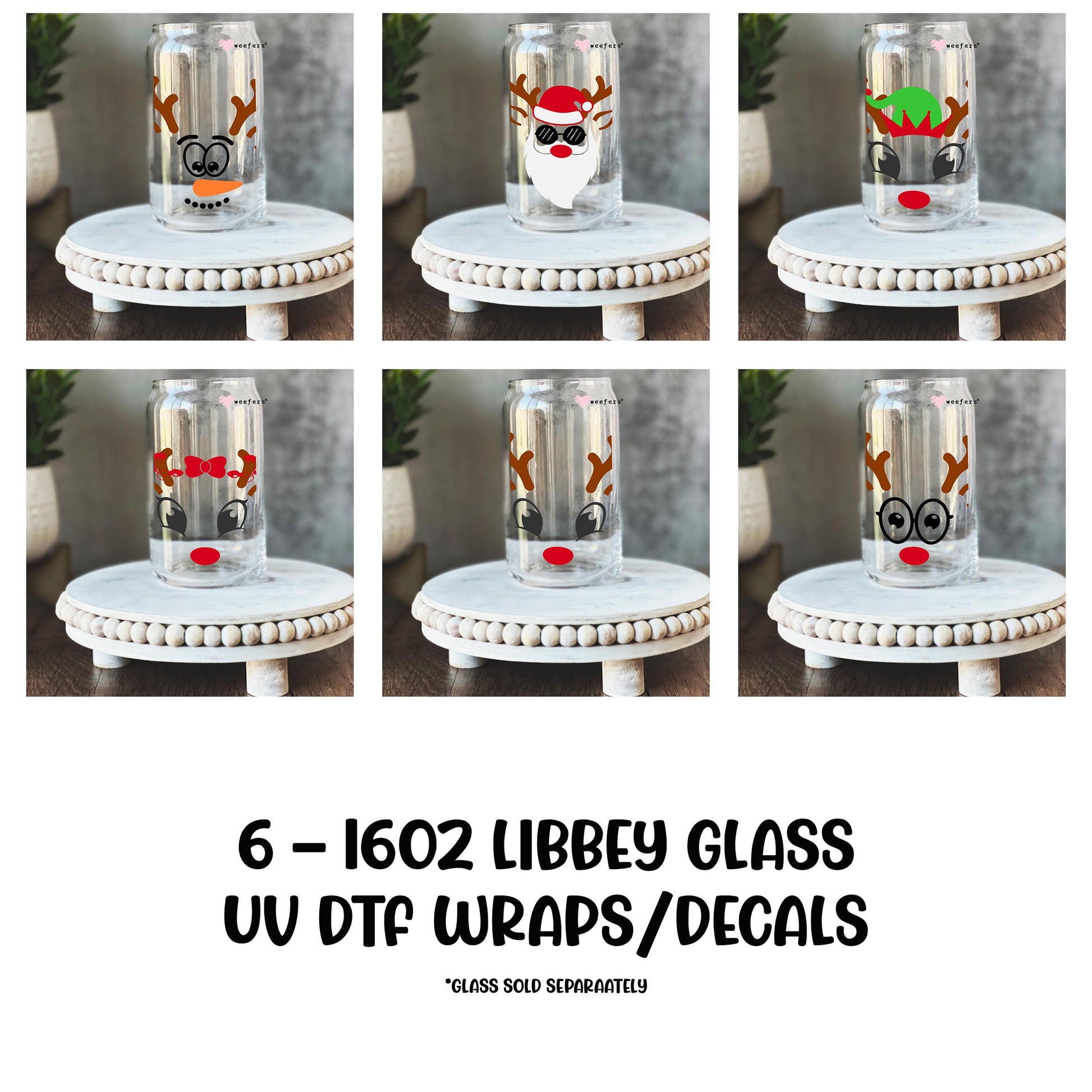 Oh Dear Christmas Bundle x6 16oz Libbey Glass Can UV DTF or Sublimation Wrap - Decal - Weefers