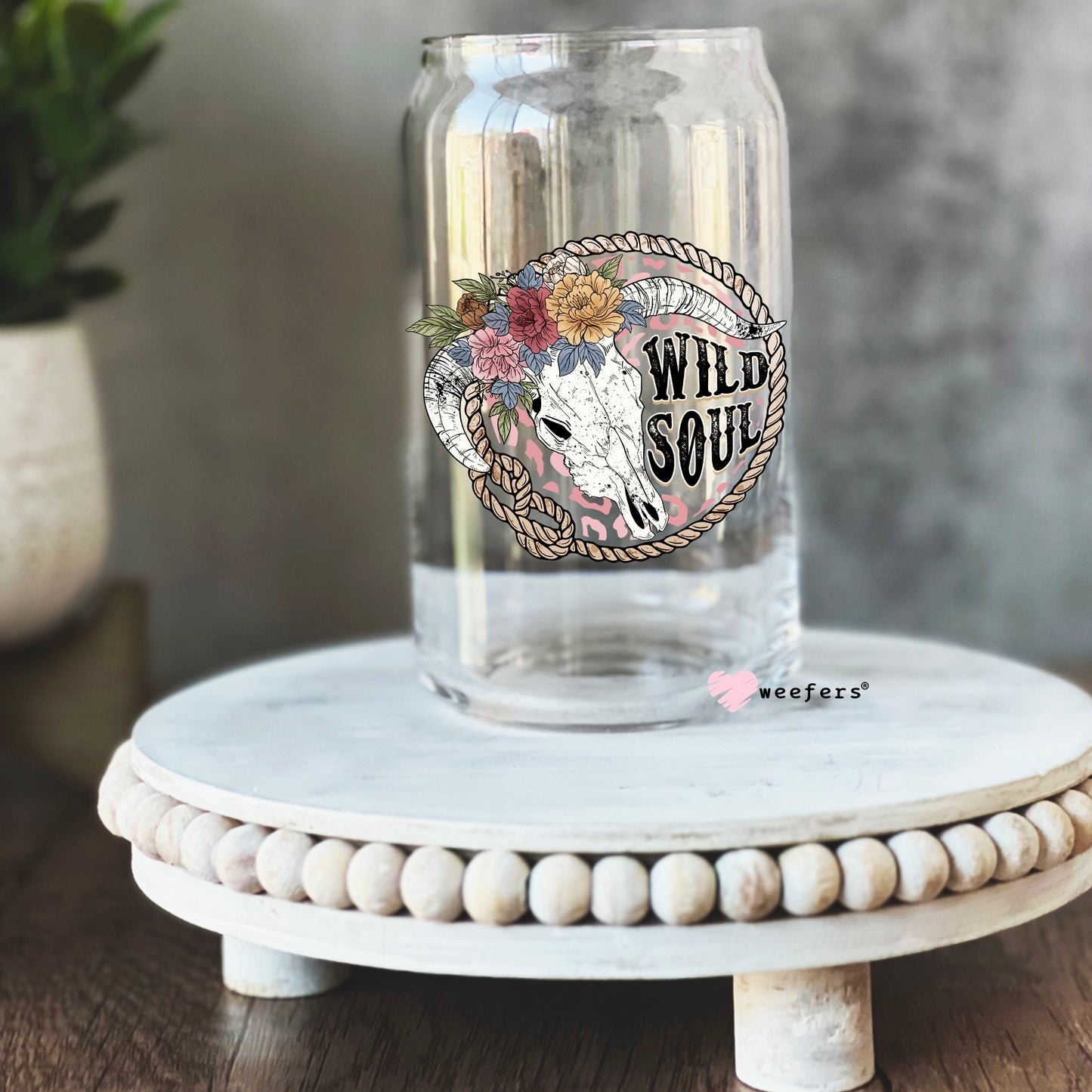 Wild Soul Cow Skull Retro 16oz Libbey Glass Can UV DTF or Sublimation Decal Transfer - Weefers