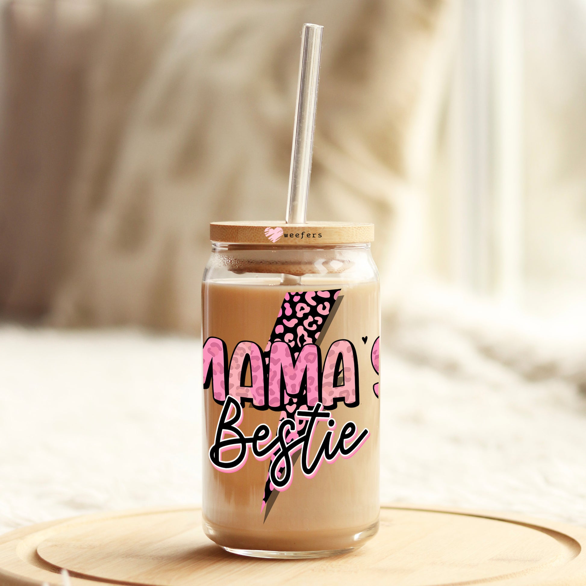 Pink Mama's Bestie Lightening Bolt 16oz Libbey Glass Can UV DTF or Sublimation Cup Wrap - Decal Transfer - Weefers