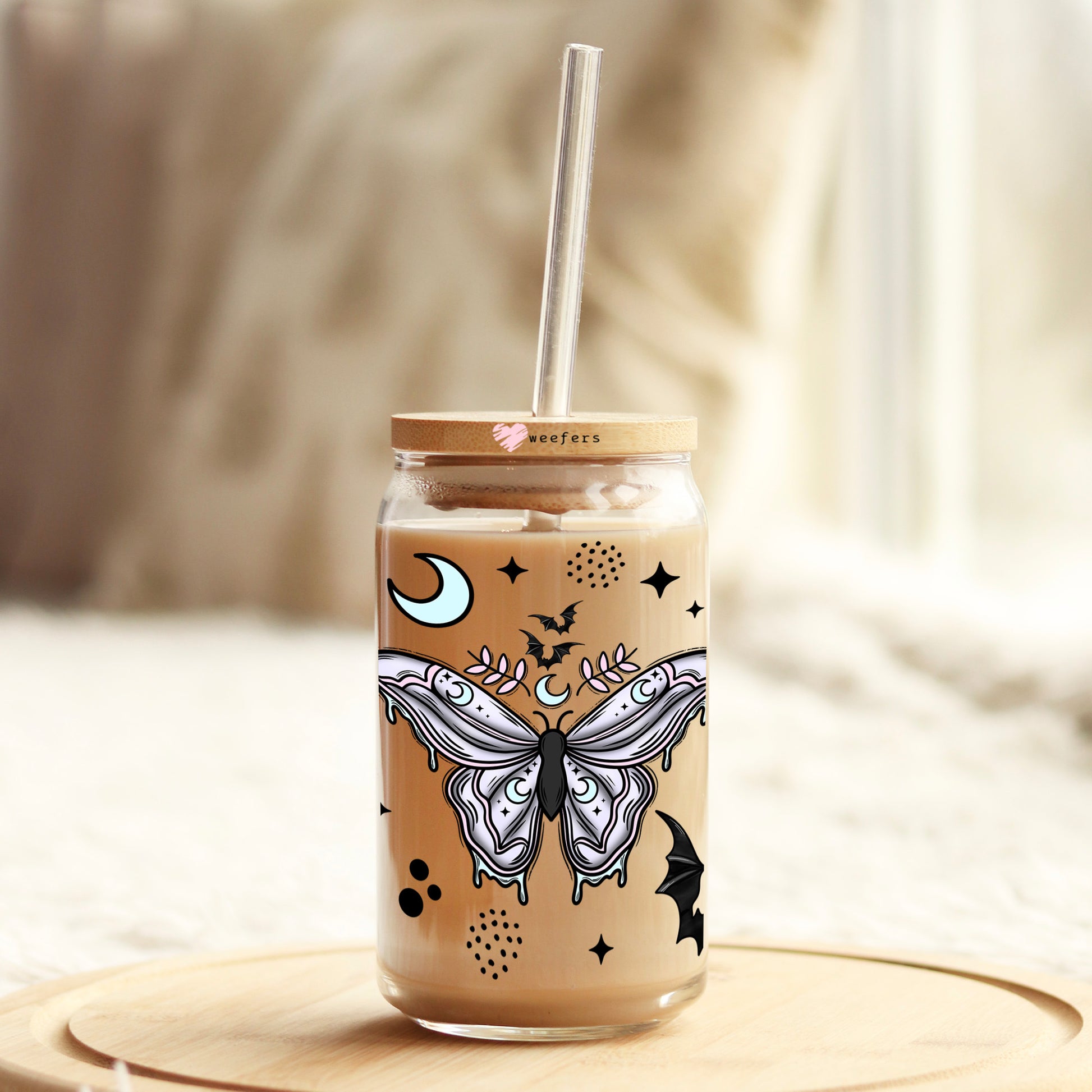 Butterfly and Blue Half Moon 16oz Libbey Glass Can UV DTF or Sublimation Cup Wrap - Decal Transfer - Weefers