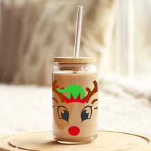 Load image into Gallery viewer, Elf Christmas Reindeer Face 16oz Libbey Glass Can UV-DTF or Sublimation Wrap - Decal

