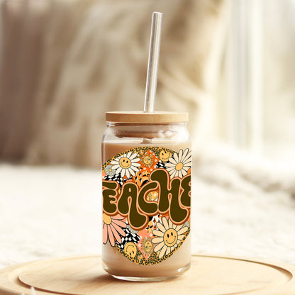 Retro Floral Teacher 16oz Libbey Glass Can UV DTF or Sublimation Wrap - Decal - Weefers