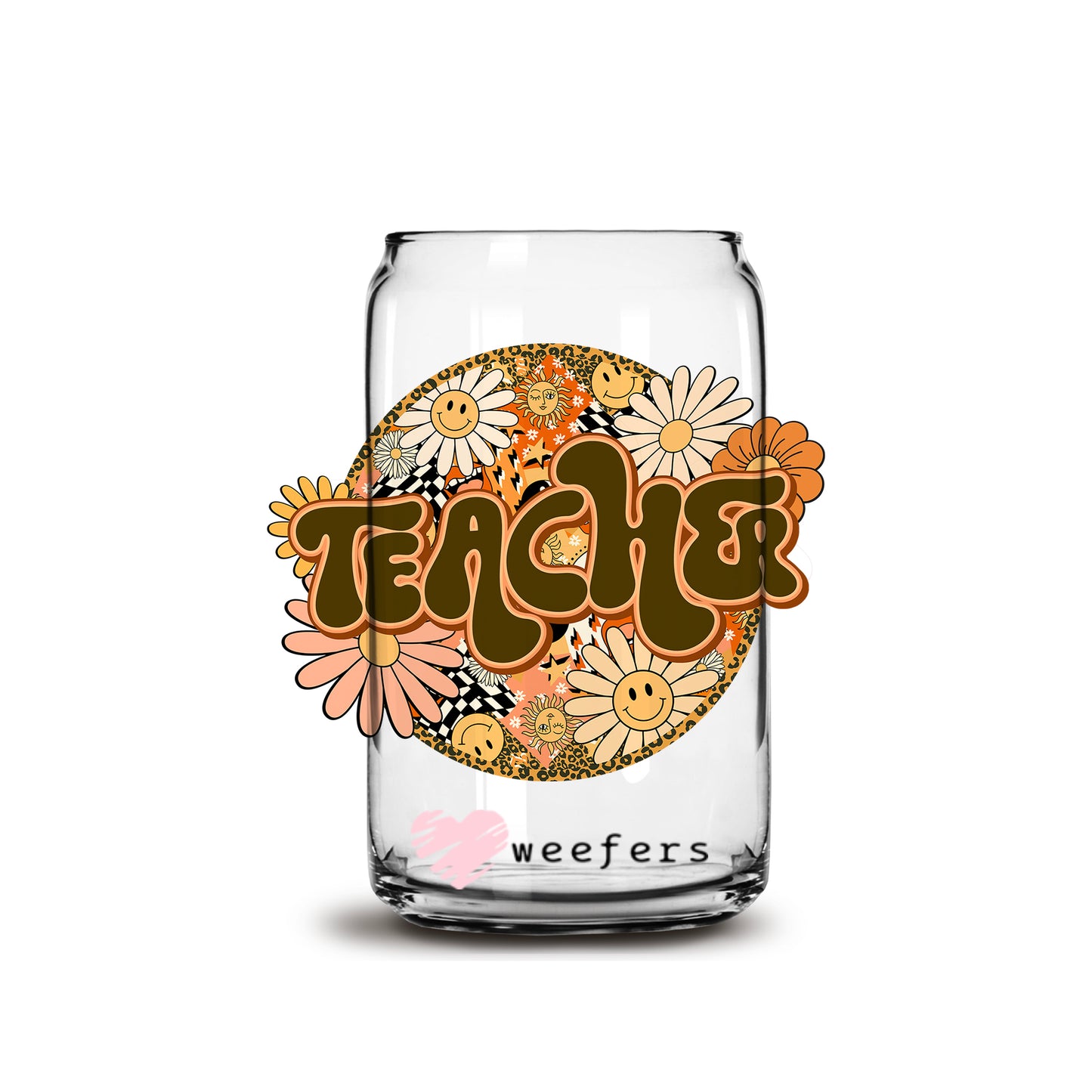 Retro Floral Teacher 16oz Libbey Glass Can UV DTF or Sublimation Wrap - Decal - Weefers