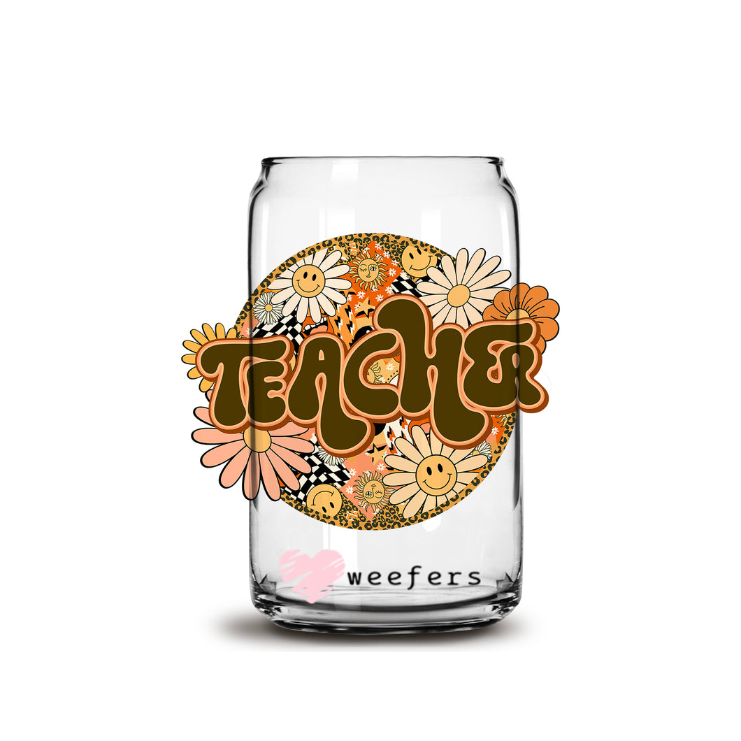 Retro Floral Teacher 16oz Libbey Glass Can UV-DTF or Sublimation Wrap - Decal
