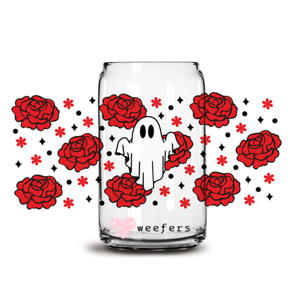 Red Roses Ghost Halloween 16oz Libbey Glass Can UV DTF or Sublimation Wrap - Decal - Weefers