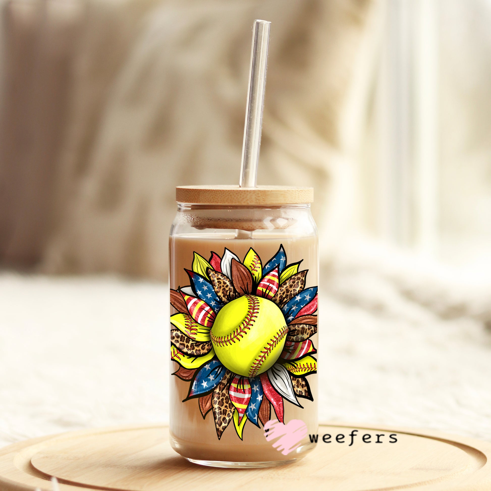 Sunflower Softball 16oz Libbey Glass Can UV DTF or Sublimation Wrap - Decal - Weefers