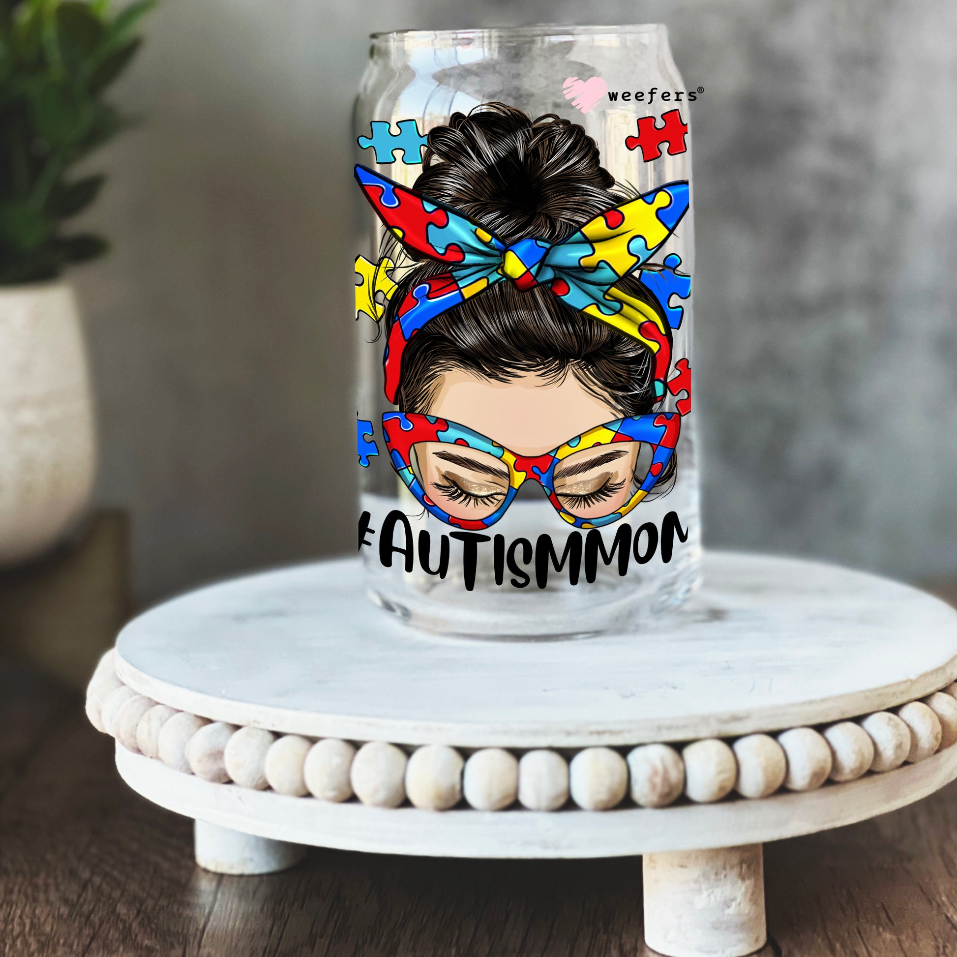 Messy Bun Autism Mom Awareness 16oz Libbey Glass Can UV DTF or Sublimation Wrap - Decal - Weefers