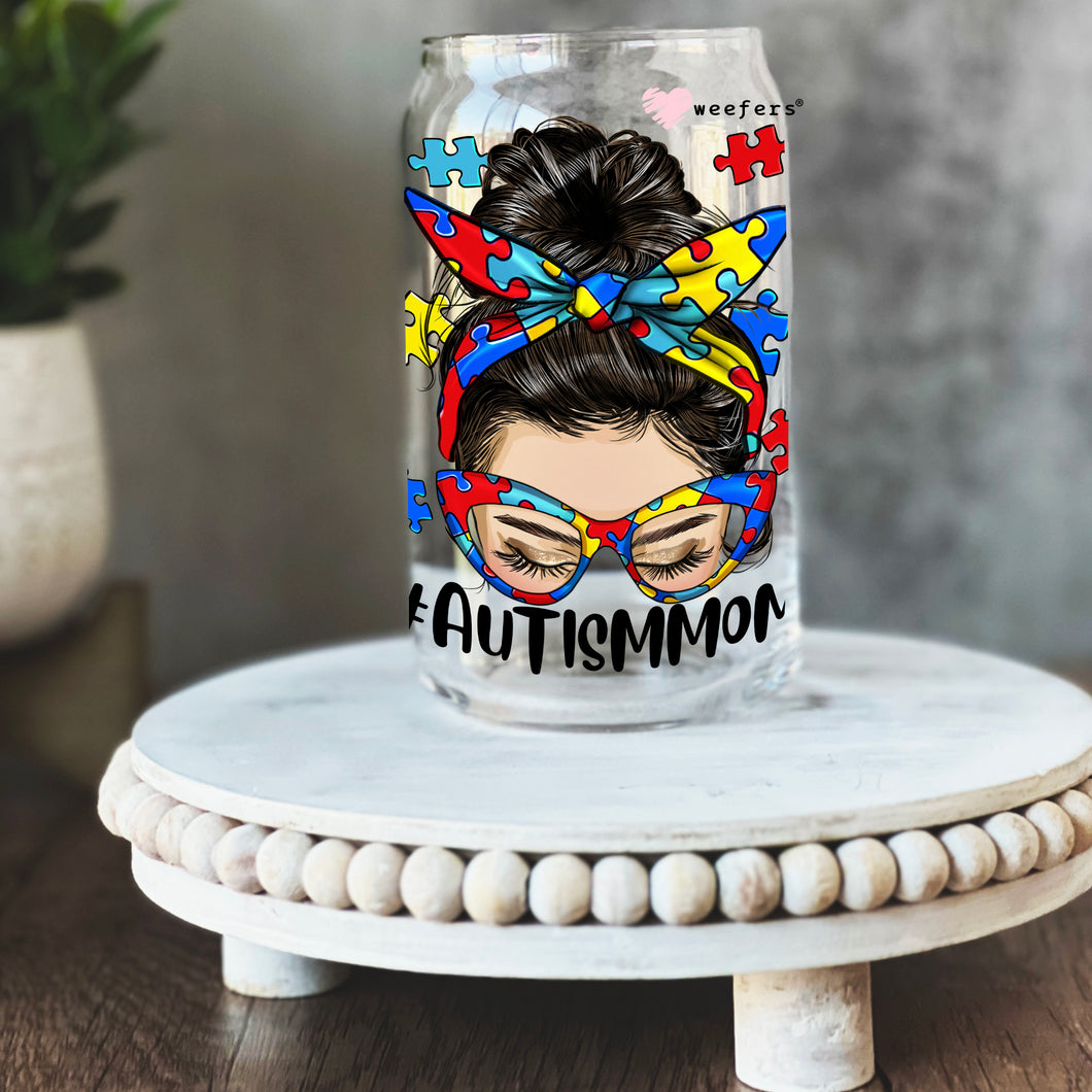 Messy Bun Autism Mom Awareness 16oz Libbey Glass Can UV-DTF or Sublimation Wrap - Decal