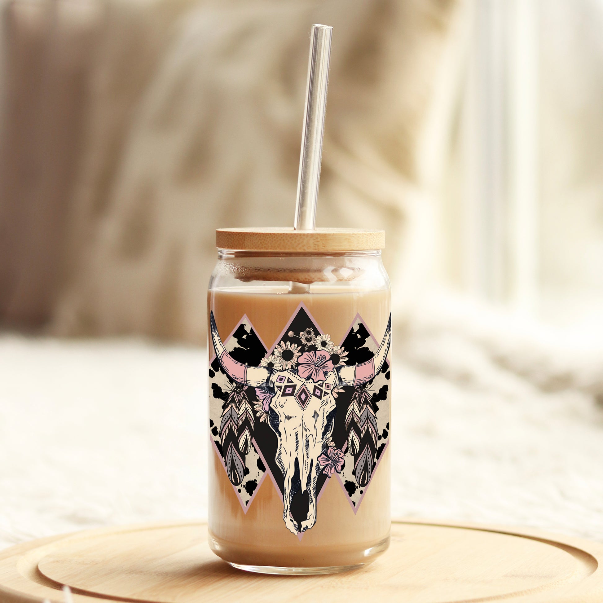 Cow Skull Pink 16oz Libbey Glass Can UV DTF or Sublimation Cup Wrap - Decal Transfer - Weefers