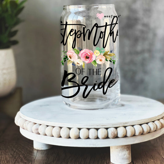 Stepmother of the Bride Blush Floral 16oz Libbey Glass Can UV DTF or Sublimation Wrap - Decal Weefers